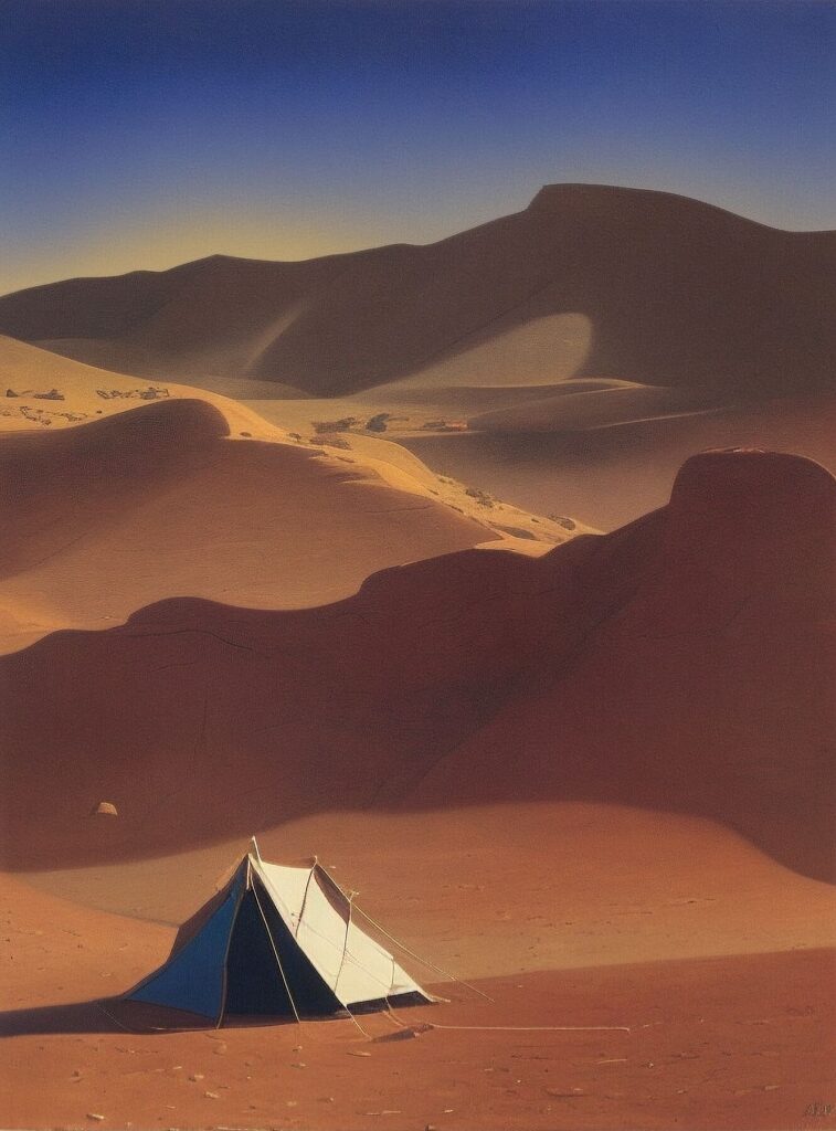 painting of a nomad tent in the middle of the desert print