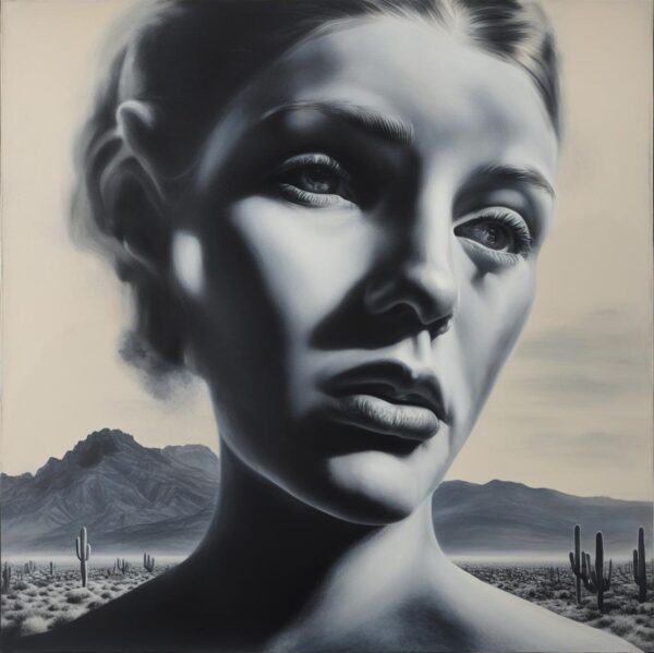 surreal portrait painting print, desert background