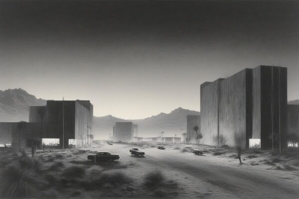 Painting of a desert city outskirts at dawn with cars and buildings